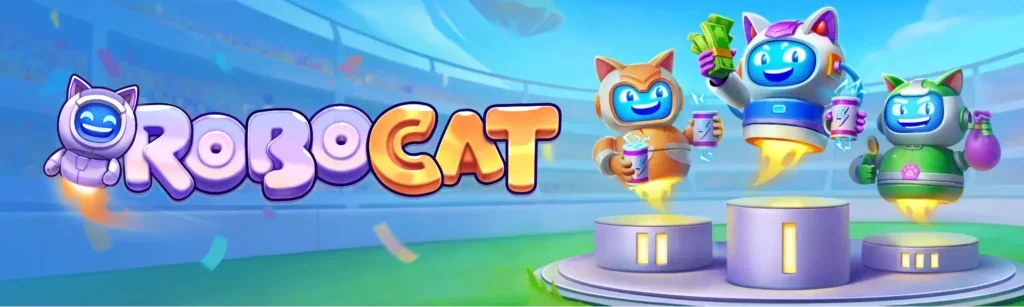 RoboCat kaszinó banner és nyertes játékosok dobogós elismerése