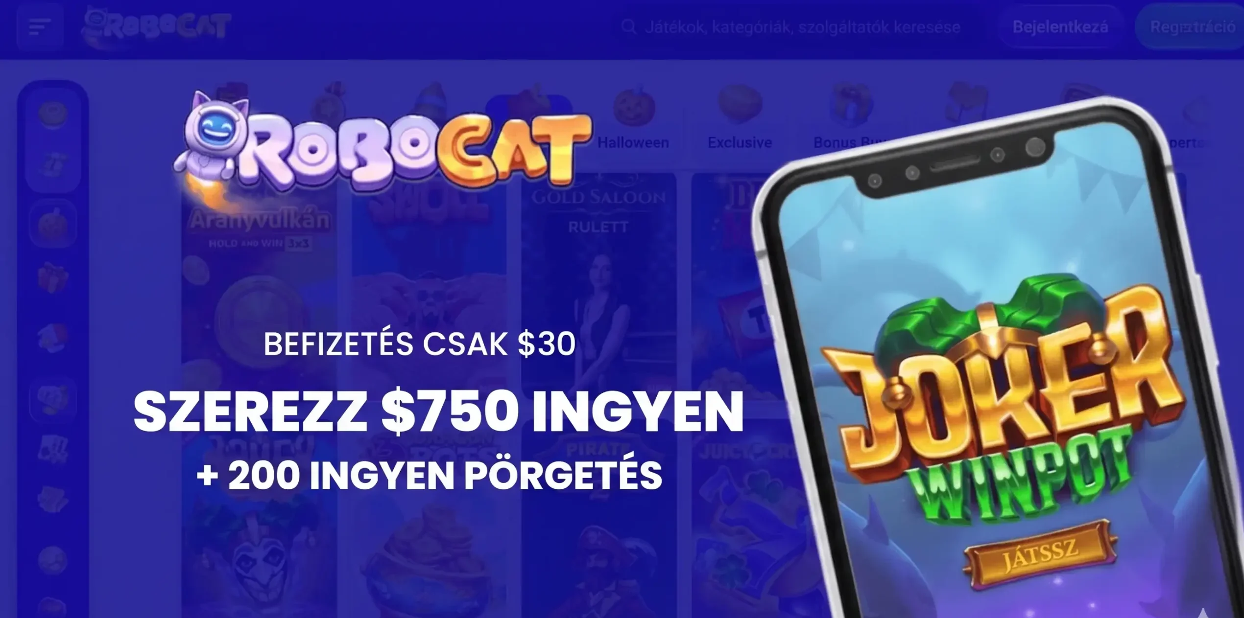 RoboCat mobilalkalmazás üdvözlő bónusz ajánlat új felhasználóknak