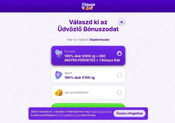 RoboCat üdvözlő bónusz választása a regisztráció során